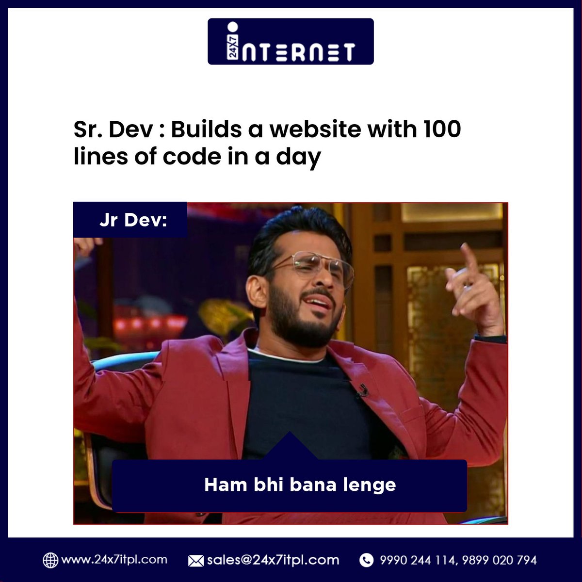 24x7internet's tweet image. Did you have this level of Confidence😎
Comment 'YES' if you agree ❤️.
.
.
#24x7internet #memesoftheday #SeniorProgrammer #teamwork #developer #teamwork #coderlife #goals #webdevelopment #coddingmemes #developer #memeschallenge #codding #juniorprogrammer #programmingmemes