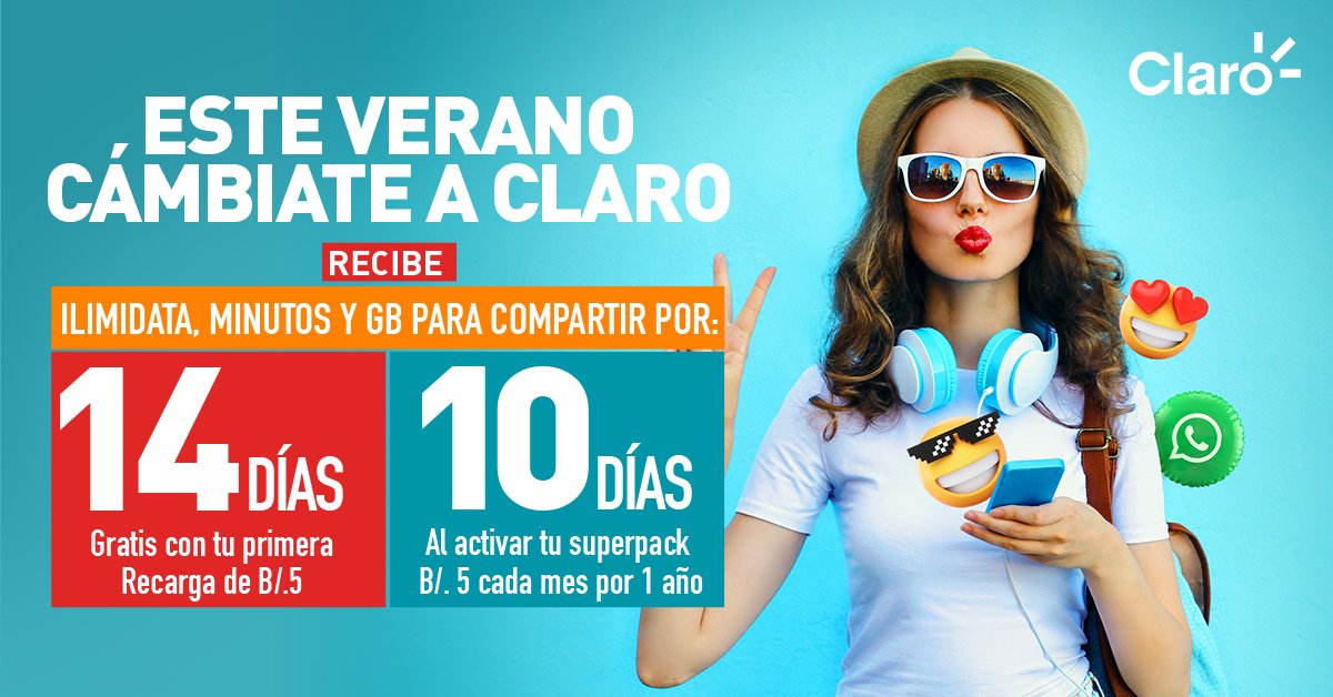 🌴 ¡Un mundo de beneficios espera por ti en este verano!
📲 ilimiDATA, Minutos y GB para compartir.
🤳 14 días con tu primera recarga de B/.5
🤳 10 días al activar tu Superpack de B/5 cada mes por 1 año.
🔴 Visita tu Centro de Atención Claro más cercano para mayor información.