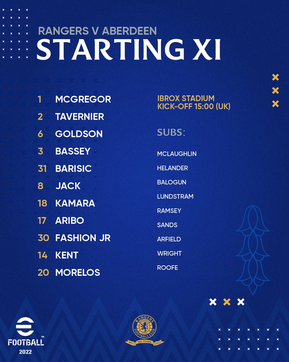 RangersFC's tweet image. 🆕 Today's #RangersFC team to face Aberdeen.

🗒️ Full Team News: rng.rs/3HKOmSk
📺 Watch Live on RangersTV: rng.rs/3HHVJtY
