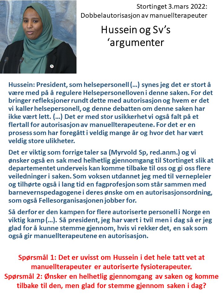 LennartBentsen's tweet photo. Spør du meg så høres det vitterlig ut som @Hawatako  mener manuellterapeuter er i samme bås som barnevernspedagogene: uten autorisasjon.
Men det 'kan' bare være meg🤷‍♂️
Jeg trenger, og mener vi kan kreve, tydeligere dokumentasjon på innsikt i saken enn dette. Fra våre folkevalgte. https://t.co/qlQvZJy3Yq