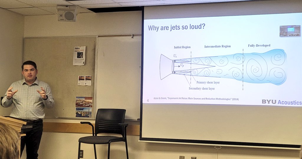 Last but not least at the @byu_science SRC today is <a href="/byumech/">BYU Mechanical Engineering</a> MS student Matt Christian, who is talking about supersonic jet noise characteristics and how flow properties control far-field radiation.