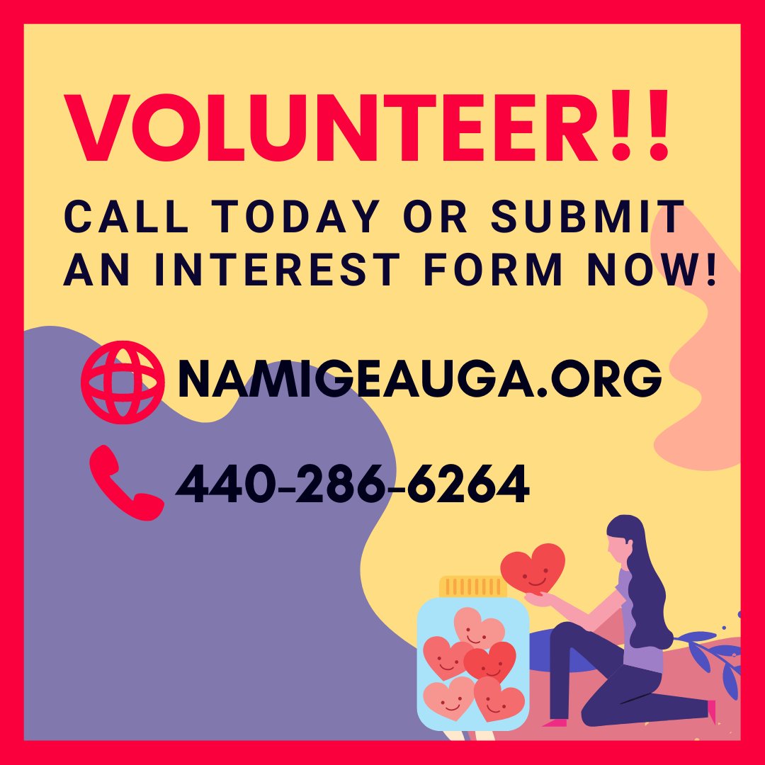 Volunteer with NAMI Geauga County and become trained in MHFA, ETS, Peer Support, Family Support and so much more!
Submit your interest form TODAY!
HERE: namigeauga.org/.../volunt.../…