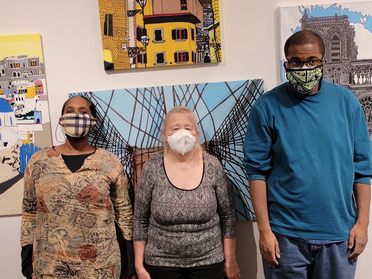 ShieldInstitute's tweet photo. susanbrown with #chaseferguson and #simonejohnson her dashing brother Marshall and her fans/buyers at #outsiderartfair https://t.co/dp589w0RjP