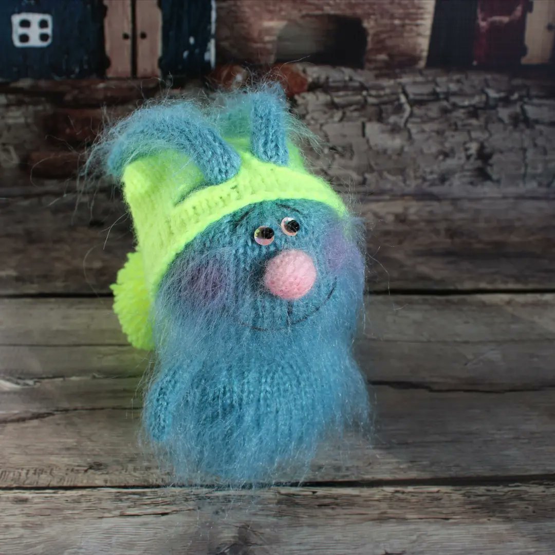 'See what a shaggy fluffy and funny spring hare.\nLook how bright and positive he is. This is a very cheerful and friendly rabbit. He meets spring, so he turned green.' etsy.me/35CAkoS #fuzzytinyanimals #funnyhare #minicrochetanimals #eastertoy #rabbitplush