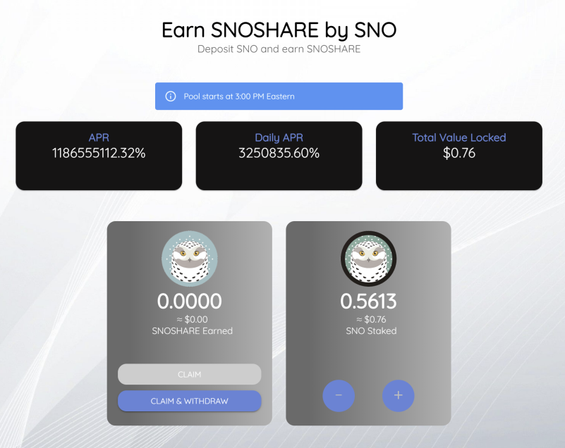 SnowyOwlFinance's tweet photo. Single stake SNO pool will go live in about 2 hours. Deposits are open on the interface https://t.co/ObCVd6WIzj