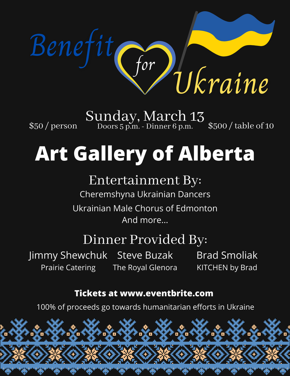 We are hosting a Benefit for Ukraine to raise funds for humanitarian efforts in Ukraine 🇺🇦

Additional donations will be graciously accepted at the door. #yeg

Tickets here ow.ly/Ariv50IaYGF