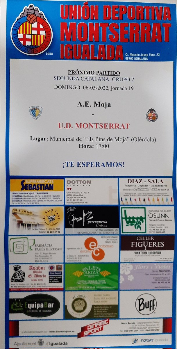 UDMONTSERRAT's tweet photo. 👉JORNADA 19 #2cat2 

⚽️ @AEMoja - UDM

🗓Domingo 6/3/22
⏰A las 17:00 horas 
🏟Els Pins de Moja (Olèrdola)

¡No puedes faltar!

🚩#SomosLaUnión🚩 https://t.co/3zdXlStr7i