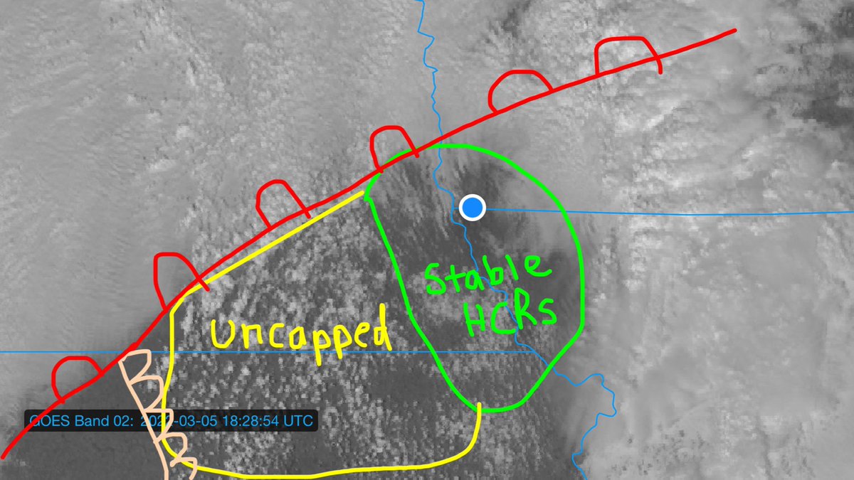 charnick_wx's tweet photo. Stable HCRs visible on sat just south of warm front, ahead of uncapped airmass near triple point. As capping erodes in green area, anticipate rapid tstm development in 1-2 hrs. Warm front trending notably south compared to CAMs. Highest🌪 risk along/s of this bndry. #mesoanalysis https://t.co/ayF5iDBHmE