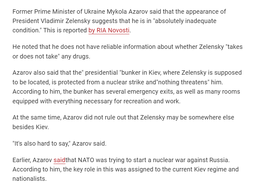 Former Prime Minister of Ukraine Azarov said that Zelensky is in an “inadequate condition”. Zelensky came out to reporters either drunk or under the influence of psychoactive substances
