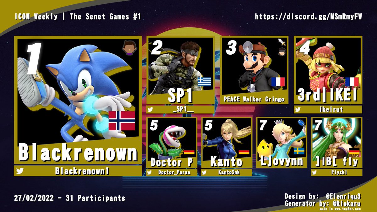 The Top 8 from our first ICON The Senet Games Weekly congrats to Blackrenown for the first place!

<a href="/Blackrenown1/">BFG | Blackrenown</a> 
<a href="/_SP1__/">SP1</a> 
@Gringo
<a href="/ikeirut/">IKEI 🇵🇸</a> 
@Doctor_Paraa 
<a href="/KantoSnk/">Kanto</a> 
<a href="/Ljovynn/">Ljovynn</a> 
<a href="/Flyzki/">SECTION.80</a> 

Weekly number #2 starts next Sunday the 13.03 - Regi starts wednesday.