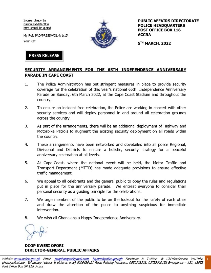 GhPoliceService's tweet photo. News Release: Security Arrangements for the 65th Independence Anniversary Parade in Cape Coast 

Read more from the attached link: https://t.co/HUctKPRZSZ https://t.co/LpdWOFgkaB