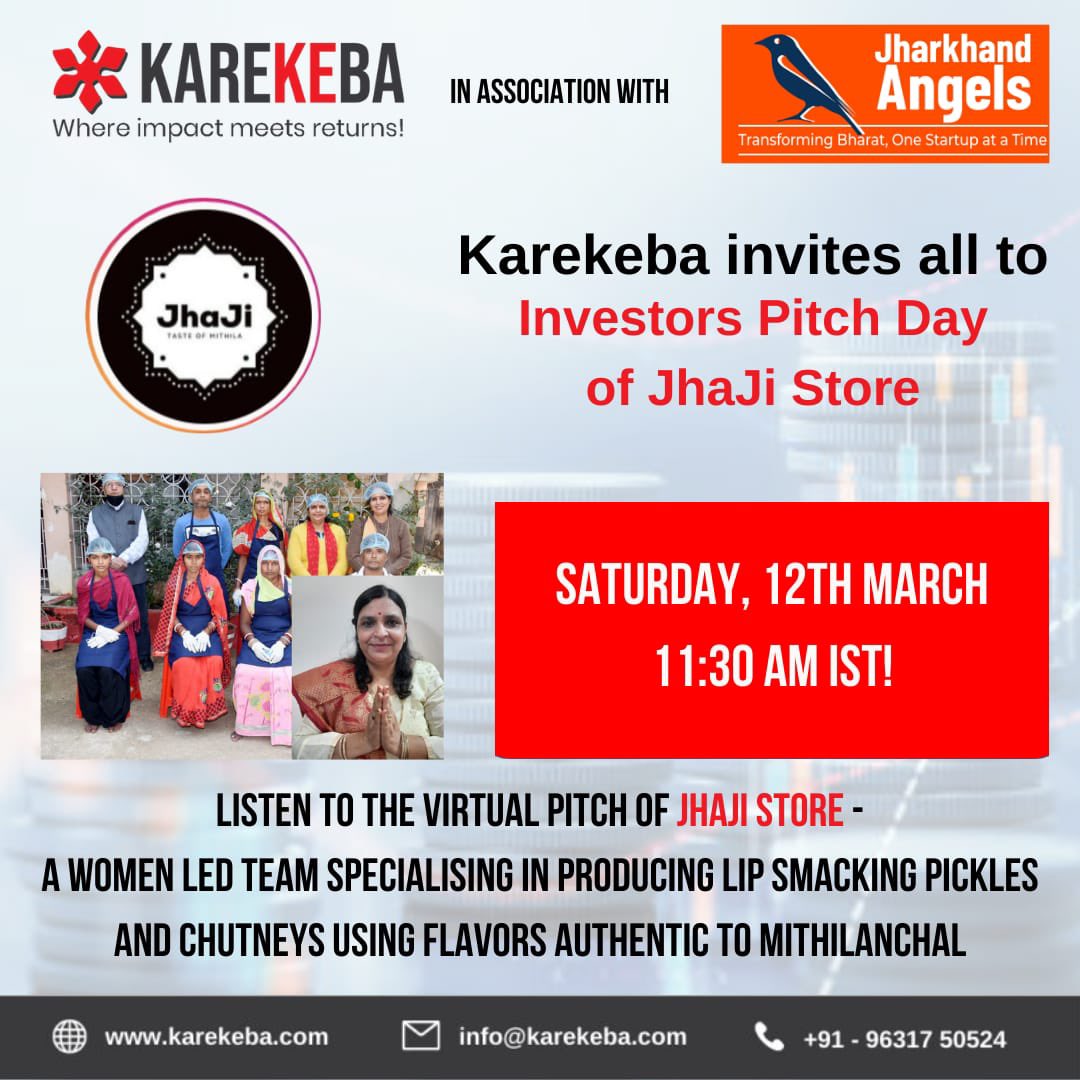 Bihar’s most loved D2C Brand- Pitching on @KareKeBa Platform: KareKeBa, with Jharkhand Angels presents Jhaji Store, a repository of lip-smacking traditional food preserves from Mithilanchal. Come, be a part of their journey!
#angelinvestment #startup #biharstartup #bihardialogue