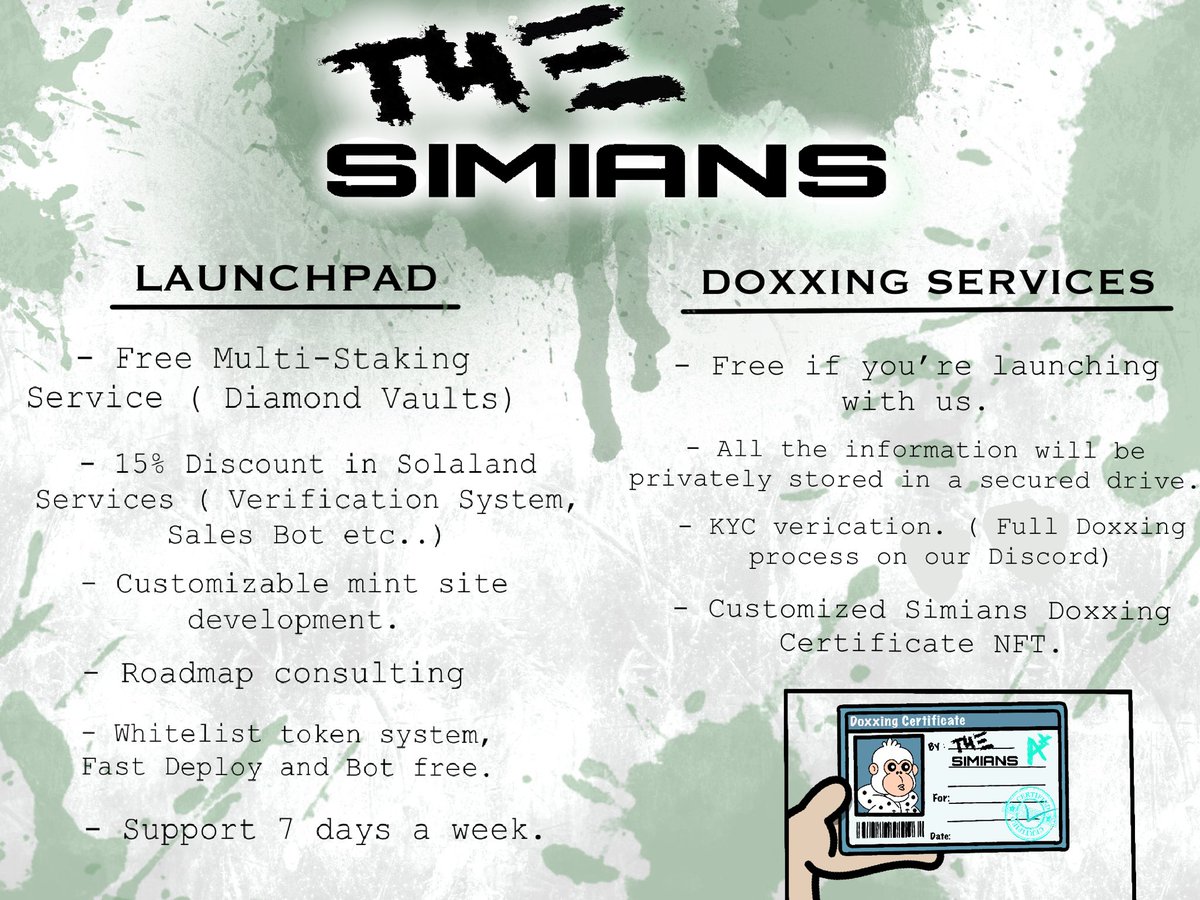 SimiansNFT's tweet photo. Some inputs about our Launchpad and doxxing Services.

You can find detailed information and apply here👇🏼:

https://t.co/a9FXGJyEF8 https://t.co/8miJqYcxbO