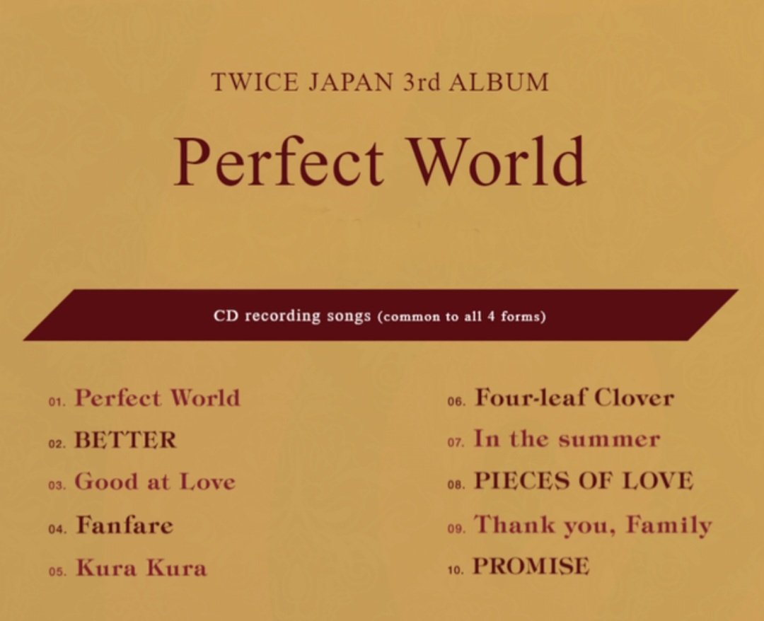 FL_TWICE's tweet photo. TWICE Japanese Album: Perfect World
Track list
📌 Perfect World
Pre-save & Pre-order through dms
Release date: 03/06
#FL_TWICE #PerfectW0rld #AngelEnt https://t.co/s3SGBce3jH