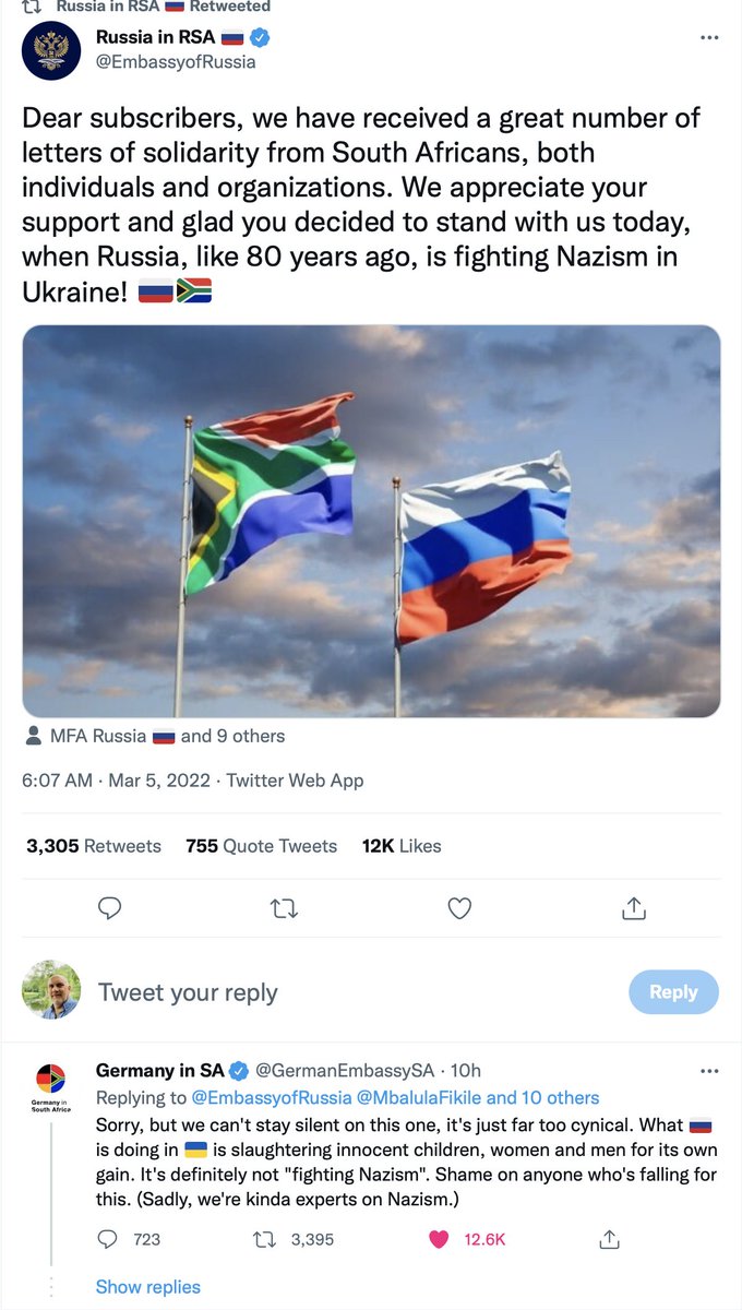 Nickking's tweet photo. Germany's embassy in South Africa brilliantly trolls a Russian Embassy Tweet.  

Good for them! https://t.co/bH31Q3kRxH