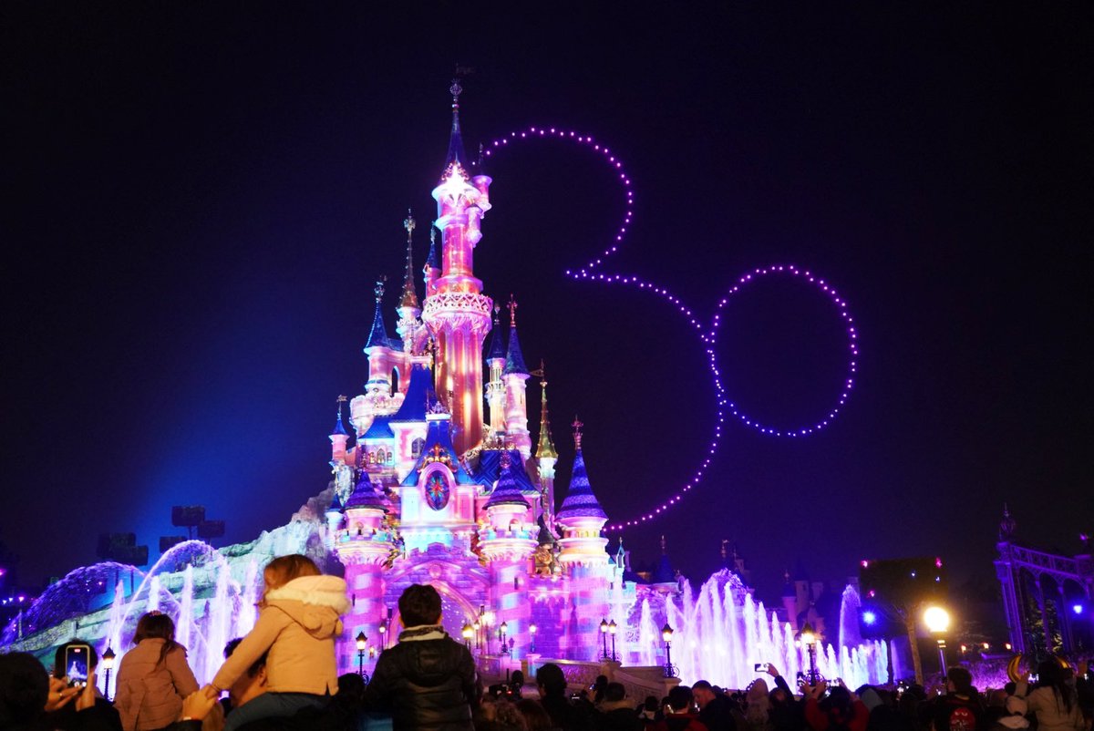 Mousesteps's tweet photo. Drones forming a 30 at Sleeping Beauty Castle as part of Disney D-Light  #DisneylandParis30 #dlp30 https://t.co/yDsJ7oDkxR