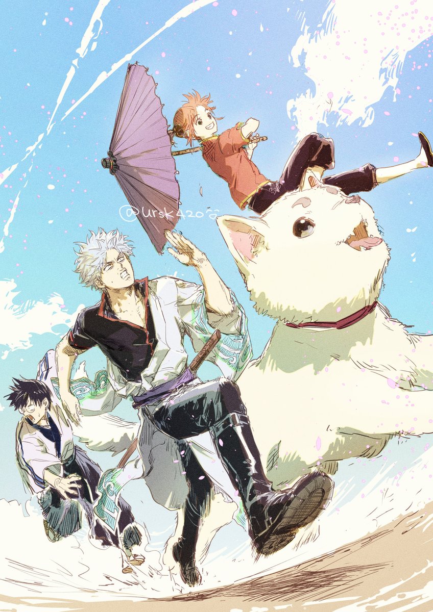 kagura (gintama) ,sakata gintoki multiple boys 1girl 2boys dog black hair japanese clothes umbrella  illustration images