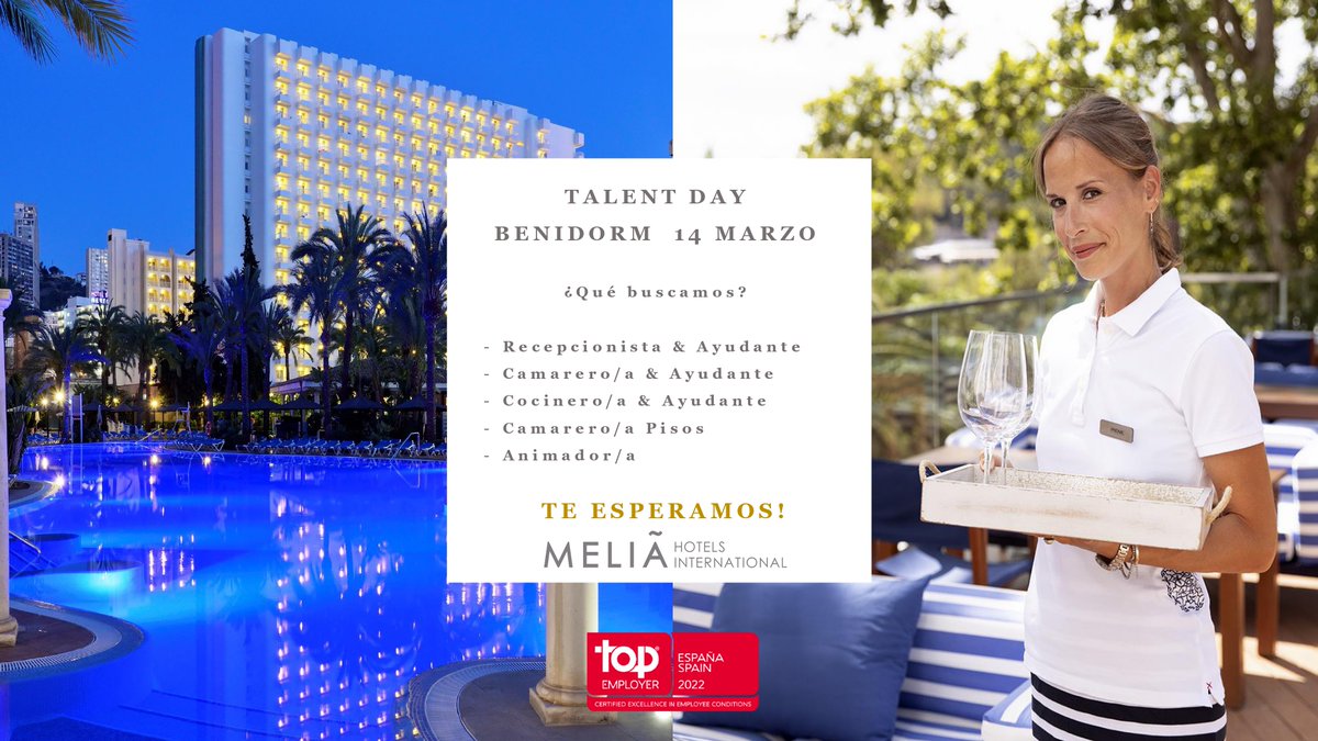 📢¿Buscas trabajo en el sector turístico?

Meliá Hotels International prepara un TALENT DAY para poder conocerte y brindarte la oportunidad de formar parte de su equipo.

Anímate y envía tu CV  👉 careers.melia.com/search/?q=beni…

<a href="/solbymelia/">solbymelia</a> | #empleo #turismo #trabajo #MeliáHotels