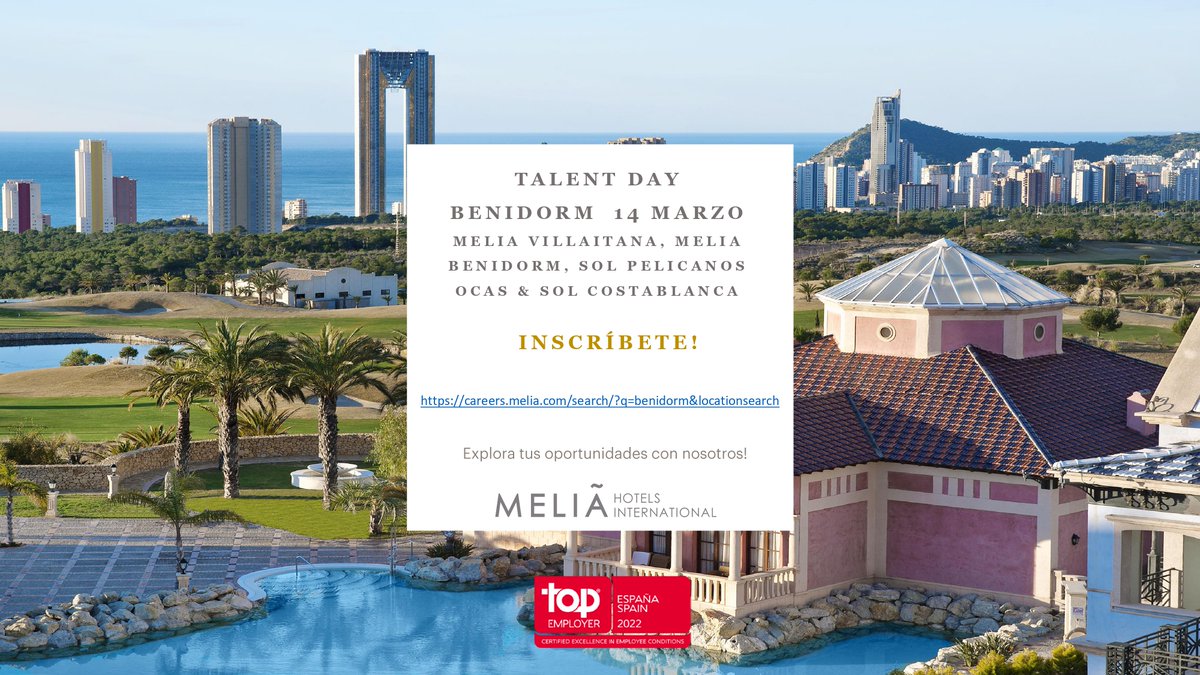 HOSBEConline's tweet photo. 📢¿Buscas trabajo en el sector turístico?

Meliá Hotels International prepara un TALENT DAY para poder conocerte y brindarte la oportunidad de formar parte de su equipo.

Anímate y envía tu CV  👉 https://t.co/1jNZGa8sna

@solbymelia | #empleo #turismo #trabajo #MeliáHotels https://t.co/1TtPEbhxgu