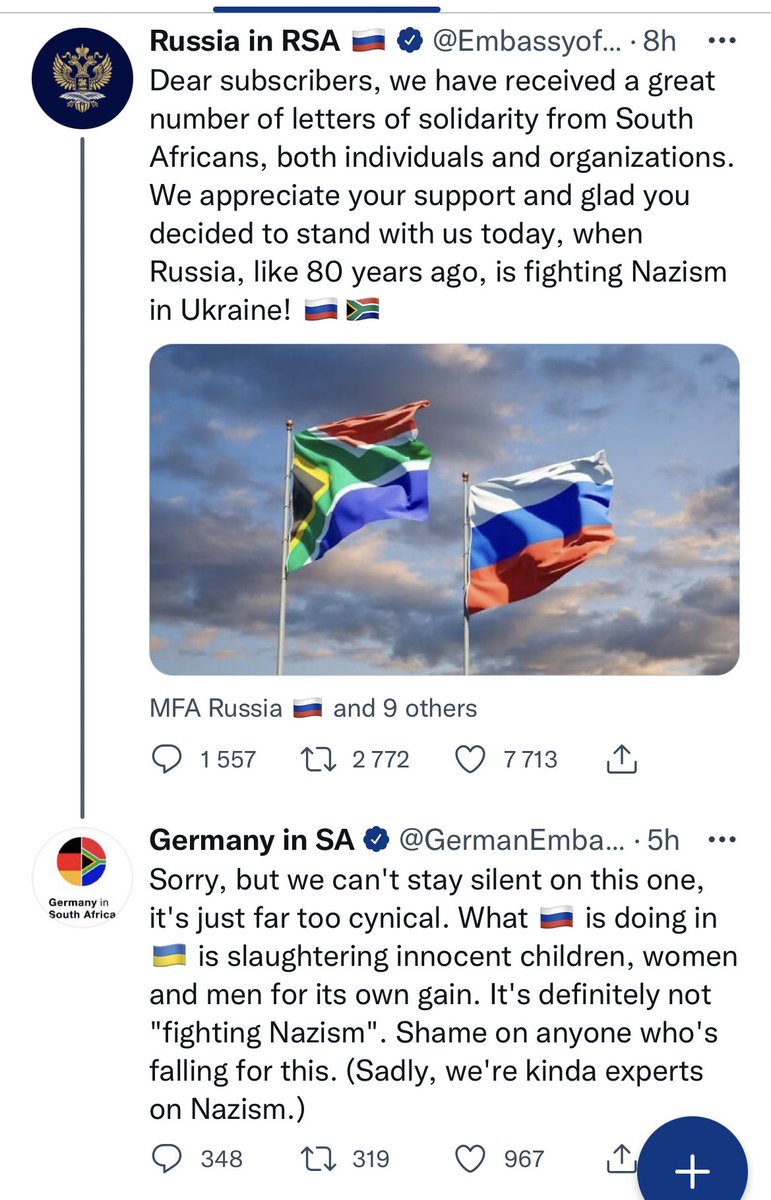 Elmakapelma's tweet photo. As a white (Afrikaans!) South African born in the 80s, I’m used to my people being on the wrong side of history.
Growing up in a haze of guilt, shame &amp; apathy…
To see the South African govt respond to #ukraine like this, in my lifetime, is devastating.
Unbelievable. https://t.co/hZYe2KZFVP