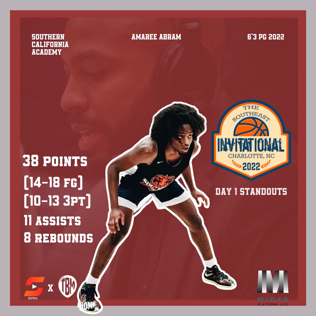 On the eve of his college commitment, <a href="/SocalAcad/">SoCal Academy</a> 2022 PG Amaree Abram put on a SHOW! He was on FIRE from deep knocking down 10 threes leading his team to a 91-57 victory over 1 of 1 Academy.

The Southeast Invitational presented by Midas Platform

📺 MidasPlatform.tv