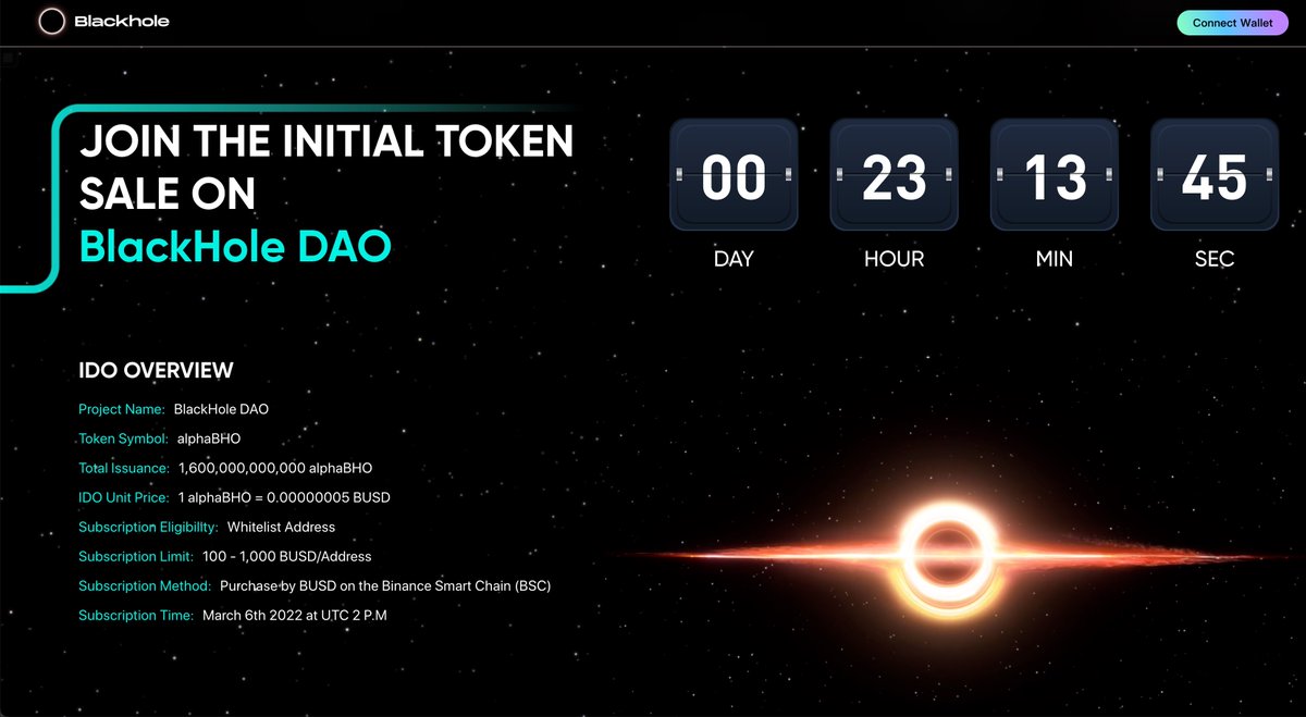 🤩🤩🤩Exciting moment! #BlackHoleDAO-IDO has entered the countdown! 💸💸💸Please fasten your seatbelts and let's open a new milestone for DeFi3.0+ 🚀🚀🚀👇👇👇
blackholedao.finance/#/ido

#BHO #DAO #BerkshireHathaway #defi <a href="/VitalikButerin/">vitalik.eth</a>  <a href="/cz_binance/">CZ 🔶 BNB</a>  <a href="/binance/">Binance</a>  <a href="/news_of_bsc/">bsc</a>