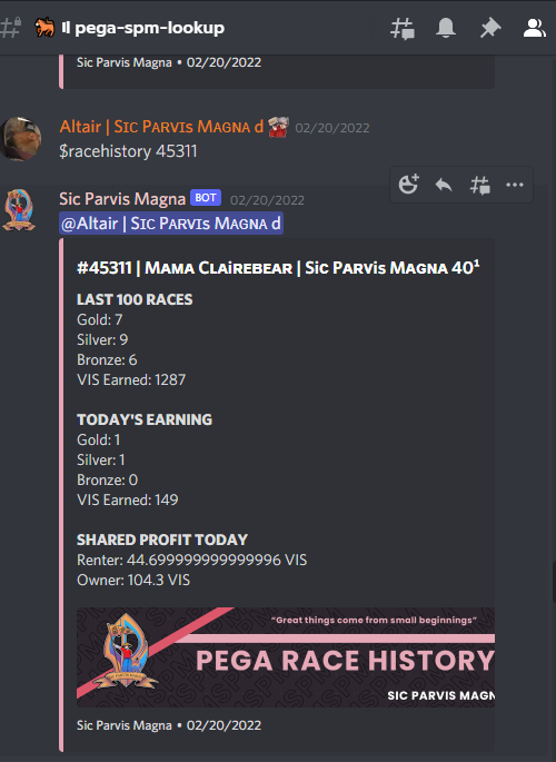 SPM pegaxy lookup available on our discord :) 
SPM pegaxy lookup website available soon! Automated ping/reminder for managers and scholars! Lezgawie~~
discord.com/channels/68970…

#SPMwagmiwagmiwave <a href="/mama_clairebear/">mama cLairebear | RDG</a>
