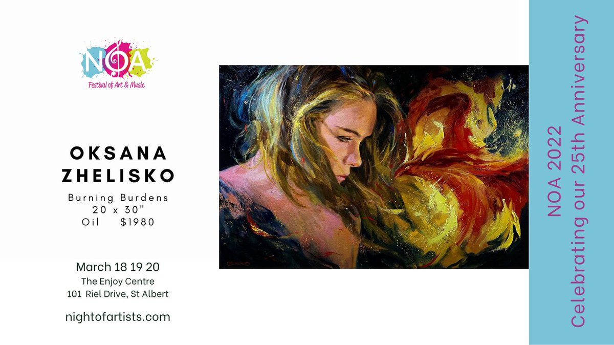 Happy Saturday!  We have a few artists to introduce (or maybe) reintroduce to you. Oksana Zhelisko, Igor Postash and Jani Galarneau are all heading back to NOA 2022 - starting March 18 at the Enjoy Centre in St Albert! 
You can register for tickets here: nightofartists.com/show-tickets