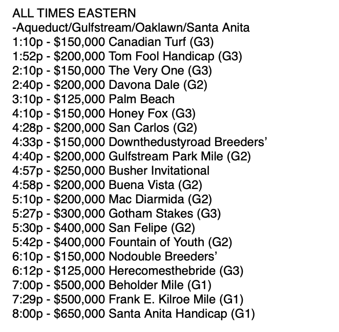 DailyRacingForm's tweet photo. ICYMI: Today's Post Times from all the best tracks! What a day of racing ahead!
Watch and wager with #DRFBets! https://t.co/PIGtTwZ1i9