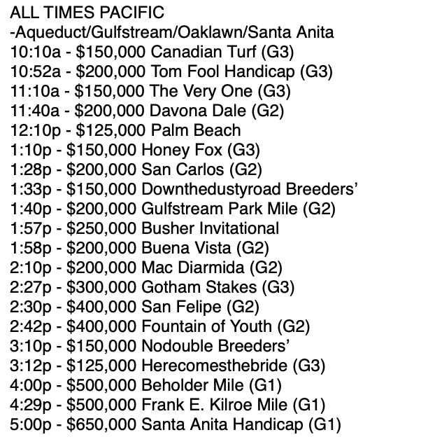 DailyRacingForm's tweet photo. ICYMI: Today's Post Times from all the best tracks! What a day of racing ahead!
Watch and wager with #DRFBets! https://t.co/PIGtTwZ1i9