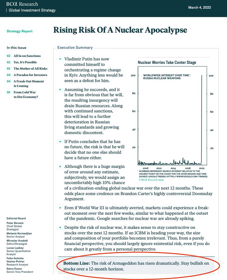 marcocongiu's tweet photo. Per BCA (la più grande e antica società di analisi macro del mondo) c’è il 10% di probabilità che nei prossimi 12 mesi un conflitto nucleare distrugga la civiltà umana. https://t.co/787GYiZ6Um