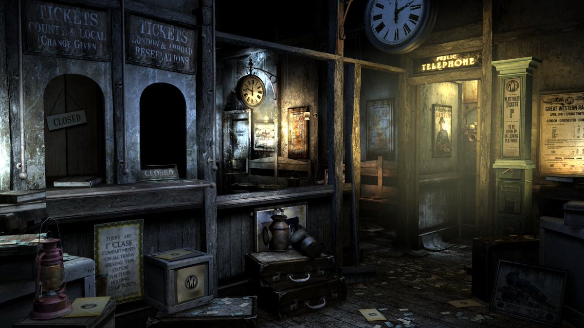 jonathanboakes's tweet photo. The abandoned train station, at Dowerton. Listen for the bell, the ticking of the clock or the coming of a distant steam train that never arrives. #DarkFall #DFDE #DowertonExperiment #screenshotsaturday #ghosts #ghoststory #pointandclick #gamedev https://t.co/cPjv9hwvB3
