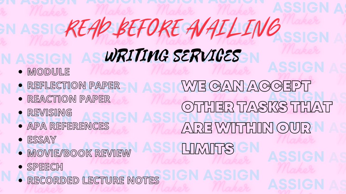 AssignMaker's tweet image. Welcome!
I'm a broke student eager to accept essay commissions! DM RIGHT NOW!
Please be assured that this user does not reveal the identities of individuals who utilize our services.
Take advantage of our services for a low cost!
#academiccommissions #academiccommission