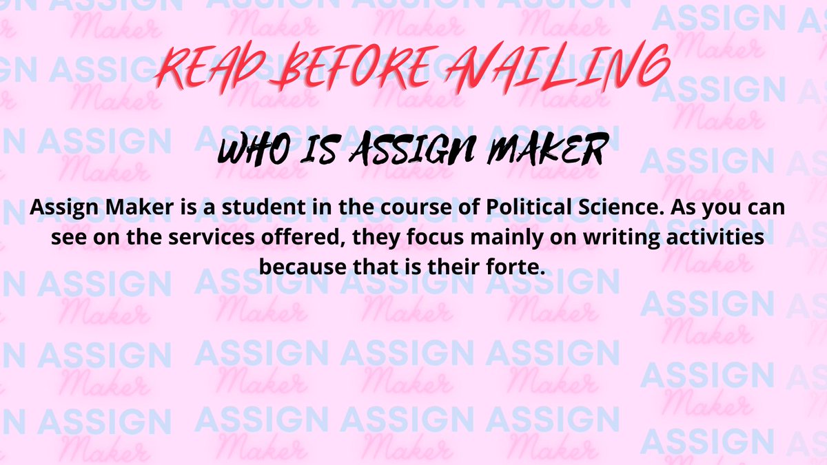 AssignMaker's tweet image. Welcome!
I'm a broke student eager to accept essay commissions! DM RIGHT NOW!
Please be assured that this user does not reveal the identities of individuals who utilize our services.
Take advantage of our services for a low cost!
#academiccommissions #academiccommission