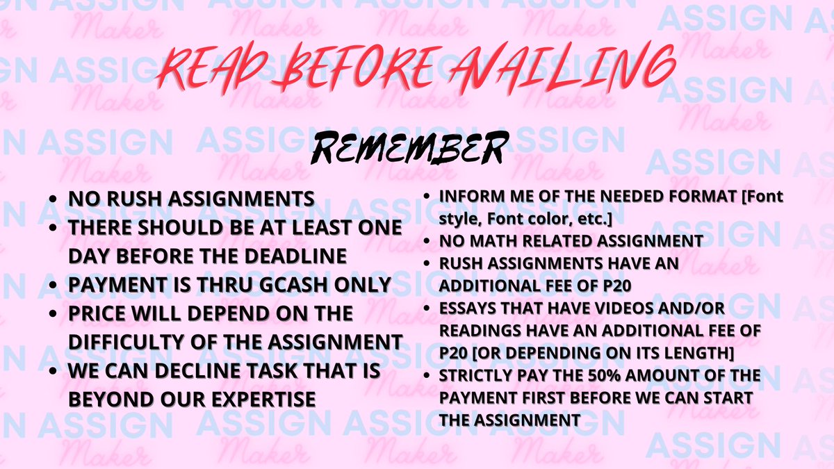 AssignMaker's tweet image. Welcome!
I'm a broke student eager to accept essay commissions! DM RIGHT NOW!
Please be assured that this user does not reveal the identities of individuals who utilize our services.
Take advantage of our services for a low cost!
#academiccommissions #academiccommission
