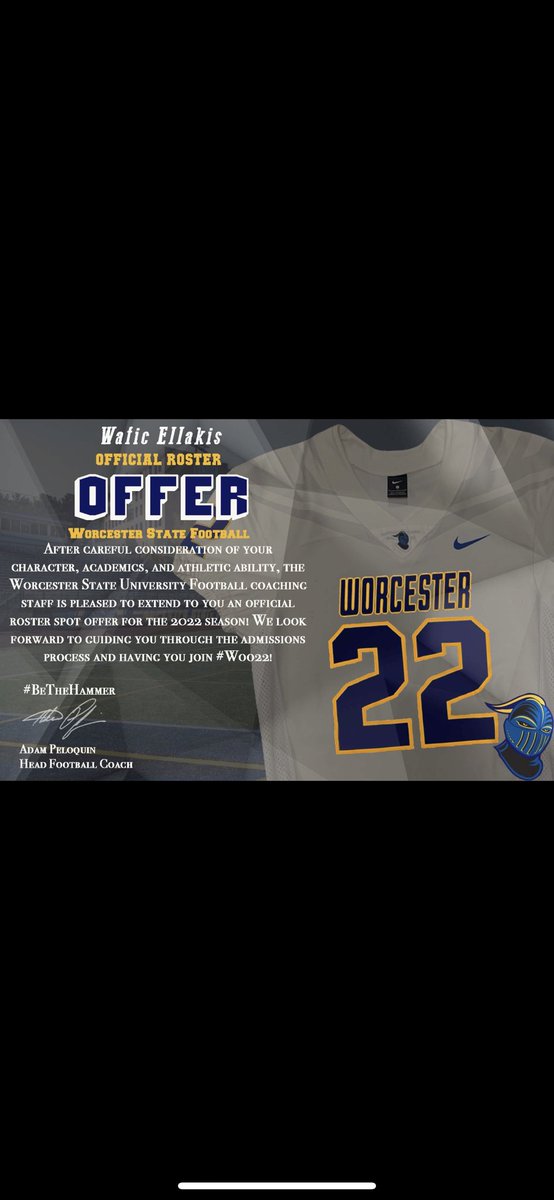 WEllakis's tweet photo. After talking with @Coach_Karlson and @AdamPeloquin I am honored to receive my first offer from Worcester State University! https://t.co/ego1hcxtlr