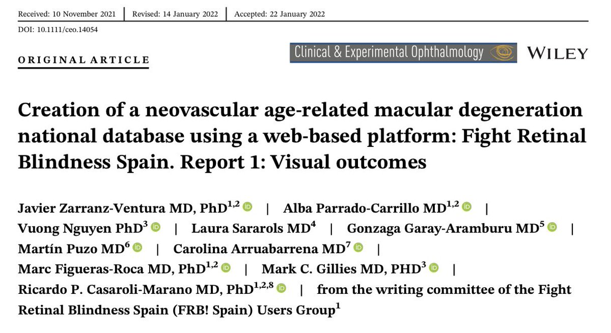 After 4 years of hard work, 28 hospitals, 1273 eyes, >100 doctors… here it is! Report 1 of the Spanish National neovascular AMD dataset, coordinated from <a href="/hospitalclinic/">Hospital Clínic</a> <a href="/idibaps/">IDIBAPS</a> Many thanks to all participants! #Teamwork <a href="/FRB_Research/">Fight Retinal Blindness! (FRB!)</a> <a href="/RetinaSERV/">Sociedad Española de Retina y Vítreo</a> <a href="/Club_Esp_Macula/">Club Español Macula</a> @OftalmoSeo