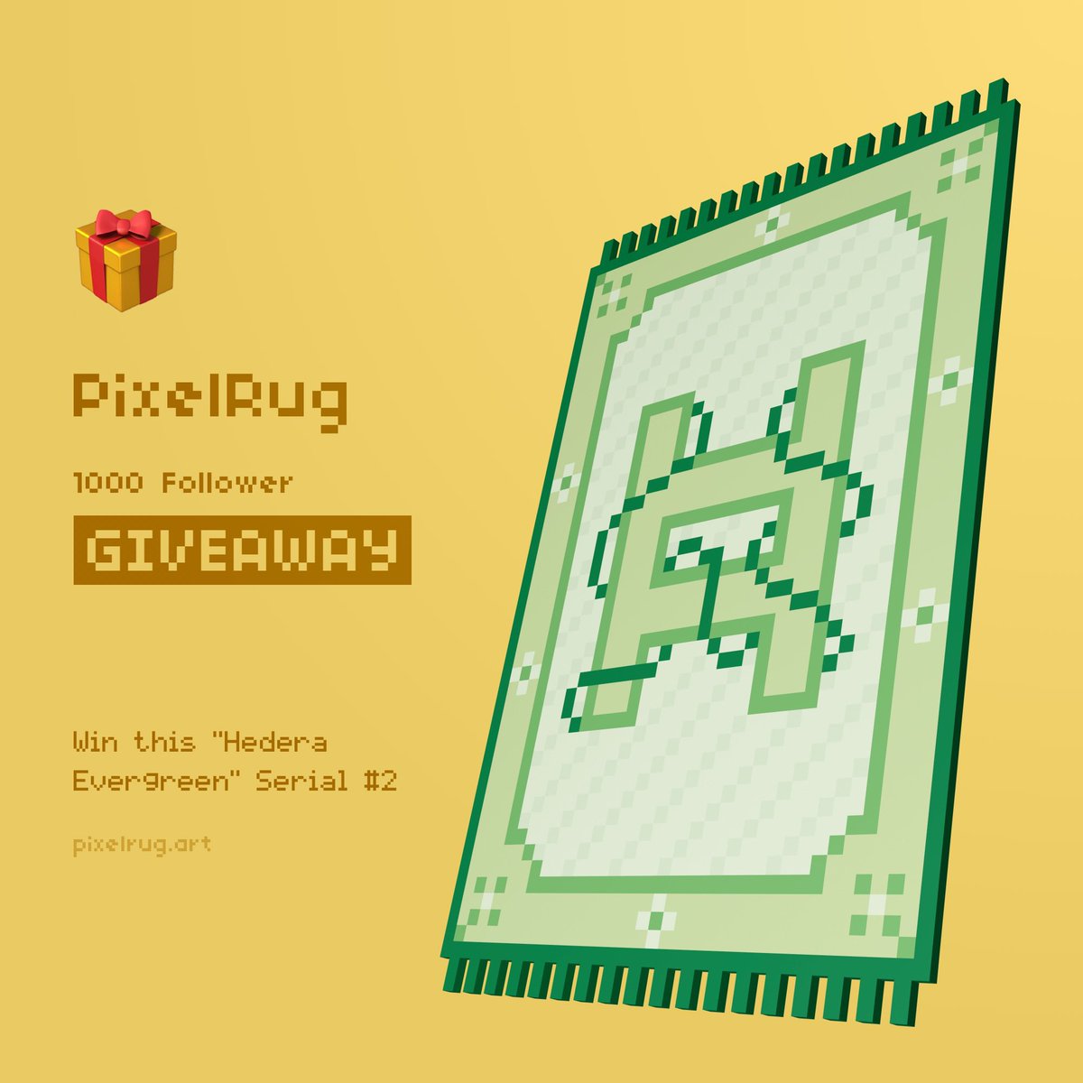 PixelRug 🧶 (@pixelrug) on Twitter photo 1k Follower #HederaNFT Giveaway 🎁
Win this rare “Hedera Evergreen” Serial #2 PixelRug! From an abandoned order & it needs a home!
How to Enter 🧶
1. Follow <a href="/pixelrug/">PixelRug 🧶</a>
2. Tag 3 Friends
3. Like & Retweet
Learn more: pixelrug.art
Winner Chosen March 7th / 10am EDT 1k Follower #HederaNFT Giveaway 🎁
Win this rare “Hedera Evergreen” Serial #2 PixelRug! From an abandoned order & it needs a home!
How to Enter 🧶
1. Follow <a href="/pixelrug/">PixelRug 🧶</a>
2. Tag 3 Friends
3. Like & Retweet
Learn more: pixelrug.art
Winner Chosen March 7th / 10am EDT