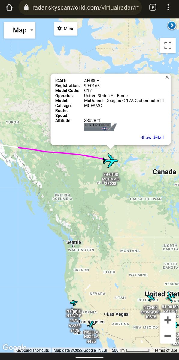 scan_sky's tweet photo. From The Sat Feed 🛰

#USAF - C-17A Globemaster III - 99-0168 - #MCFAMC/#RCH511 

Departed From Elmendorf AFB 🇺🇸 &amp; Currently Routing Over Canada 🇨🇦

Due Into Wheeler Sack Army Airfield  🇺🇸 (Part Of Fort Drum) https://t.co/xS0mdGydqn