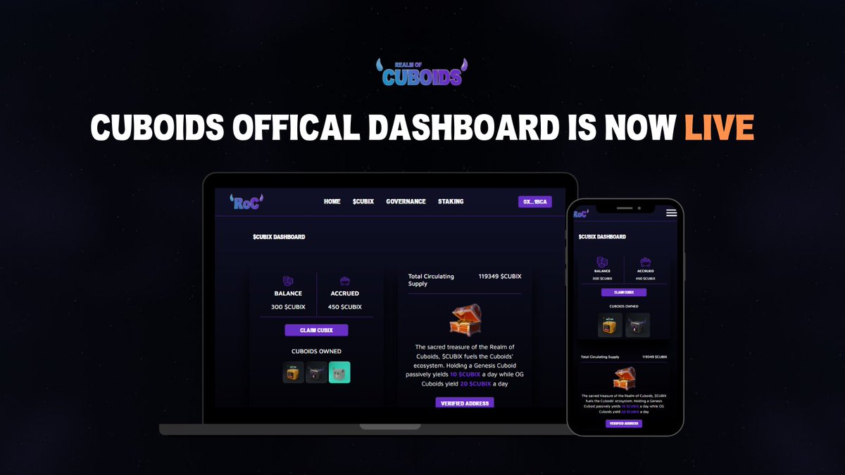 Realm of Cuboids (@cuboidsnft) on Twitter photo Cuboids! The $CUBIX dashboard is LIVE!
Go and claim your tokens now at cuboids.io !
$CUBIX is a utility / governance token generated passively by holding a <a href="/cuboidsNFT/">Realm of Cuboids</a> .
#PlayToEarn #Metaverse #tokenlaunch #passiveincome #YieldFarming #cubeverse #NFTGiveaways Cuboids! The $CUBIX dashboard is LIVE!
Go and claim your tokens now at cuboids.io !
$CUBIX is a utility / governance token generated passively by holding a <a href="/cuboidsNFT/">Realm of Cuboids</a> .
#PlayToEarn #Metaverse #tokenlaunch #passiveincome #YieldFarming #cubeverse #NFTGiveaways
