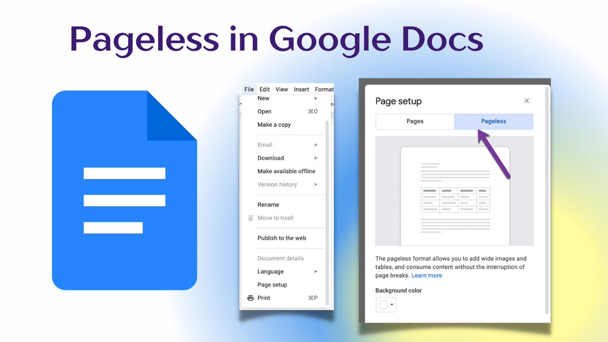 alicekeeler's tweet photo. New feature in Google Docs is PAGELESS! Go to the File menu and choose "Page Setup." 

#googleEDU https://t.co/WMMg5lFi19