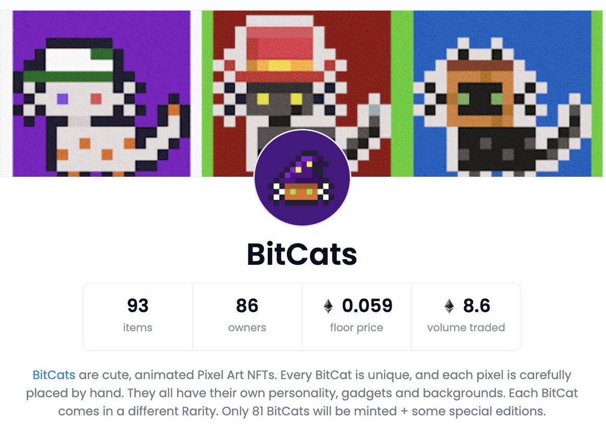 It's still a bit crazy, that the genesis BitCats collection is all sold out and traded for over 8 eth already! Thank you all for the continuous support of BitCats! 

opensea.io/collection/bit…

#nfts #NFTCommunity #NFTCollection