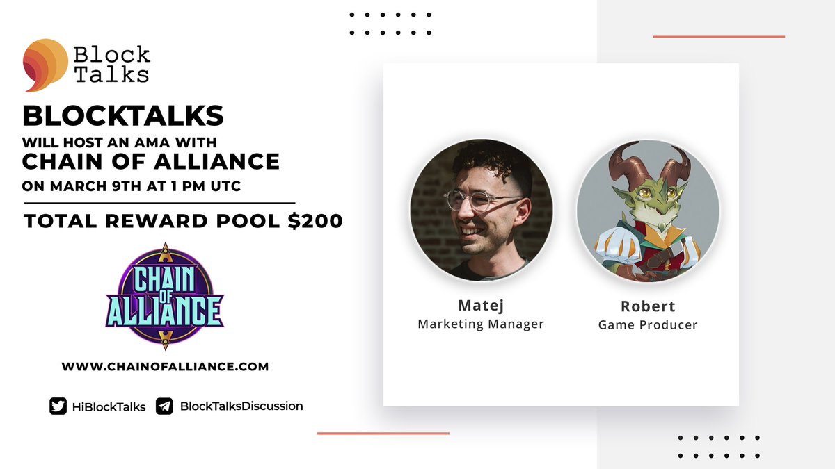 fourtisann's tweet photo. Hey Folks 🎉

BlockTalks will hold an AMA with @chainofalliance on March 9th at 1 PM UTC in BlockTalksDiscussion 💬

Follow :
@HiBlockTalks
@chainofalliance 

Like, Retweet &amp; comment your question below. (Please don't tag anyone in your question. Max 2 questions each) https://t.co/nDE8n2CXfx