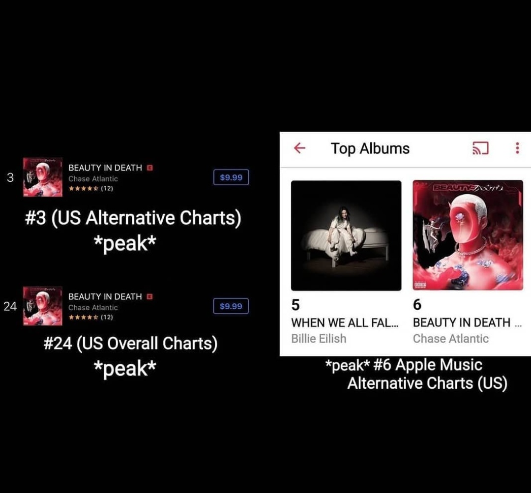 CHEFKISSCAVE's tweet photo. one year ago today, Chase Atlantic released their third album 'BEAUTY IN DEATH'

the album currently holds over 93 million streams on Spotify, debuted at #3 on the iTunes Alternative Charts, #6 on the Apple Music Alternative Charts and made it to 2 Billboard charts https://t.co/5N5rm4yeRV