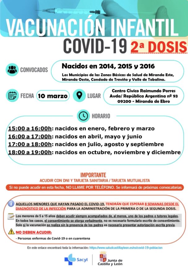 Vacunación infantil: Segunda dosis. 
#mirandadeebro #vivemiranda #covid