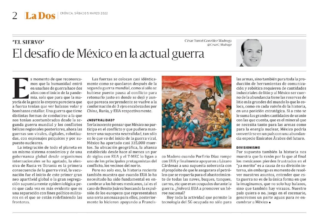 CesarG_Madruga's tweet photo. Hola te comparto mi colaboración de esta semana. Me encantará conocer tus reflexiones al respecto.

El desafío de México en la actual guerra https://t.co/WR2FfdqRxU