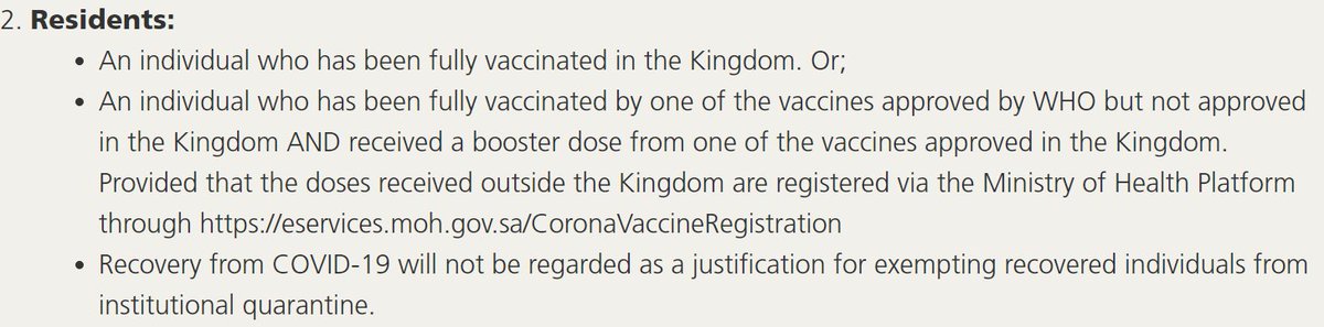 anizcu's tweet photo. @Saudi_Airlines Appreciate if clarify on rule for residents coming to KSA who took WHO&amp;KSA approved vaccines from outside KSA(eg:Covishield 2 doses from India <3 months ago).Should they undergo institutional quarantine or only home quarantine applies? Saudia site screensh0t below https://t.co/EoakjRnuc2