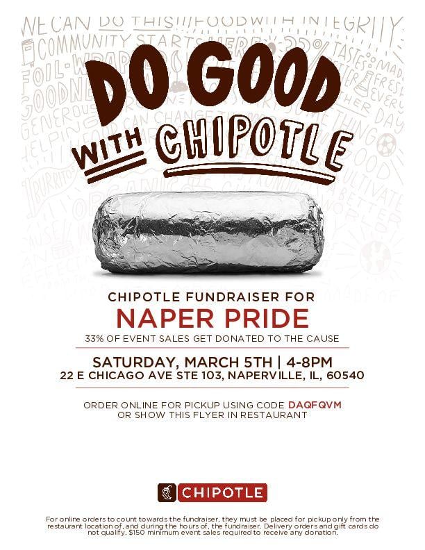 NaperPride's tweet photo. Wanna support us and get a burrito? Come down to the Chipotle in downtown Naperview today 4-8PM and we'll receive 33% of the order! https://t.co/CNlaftJ8Zg
