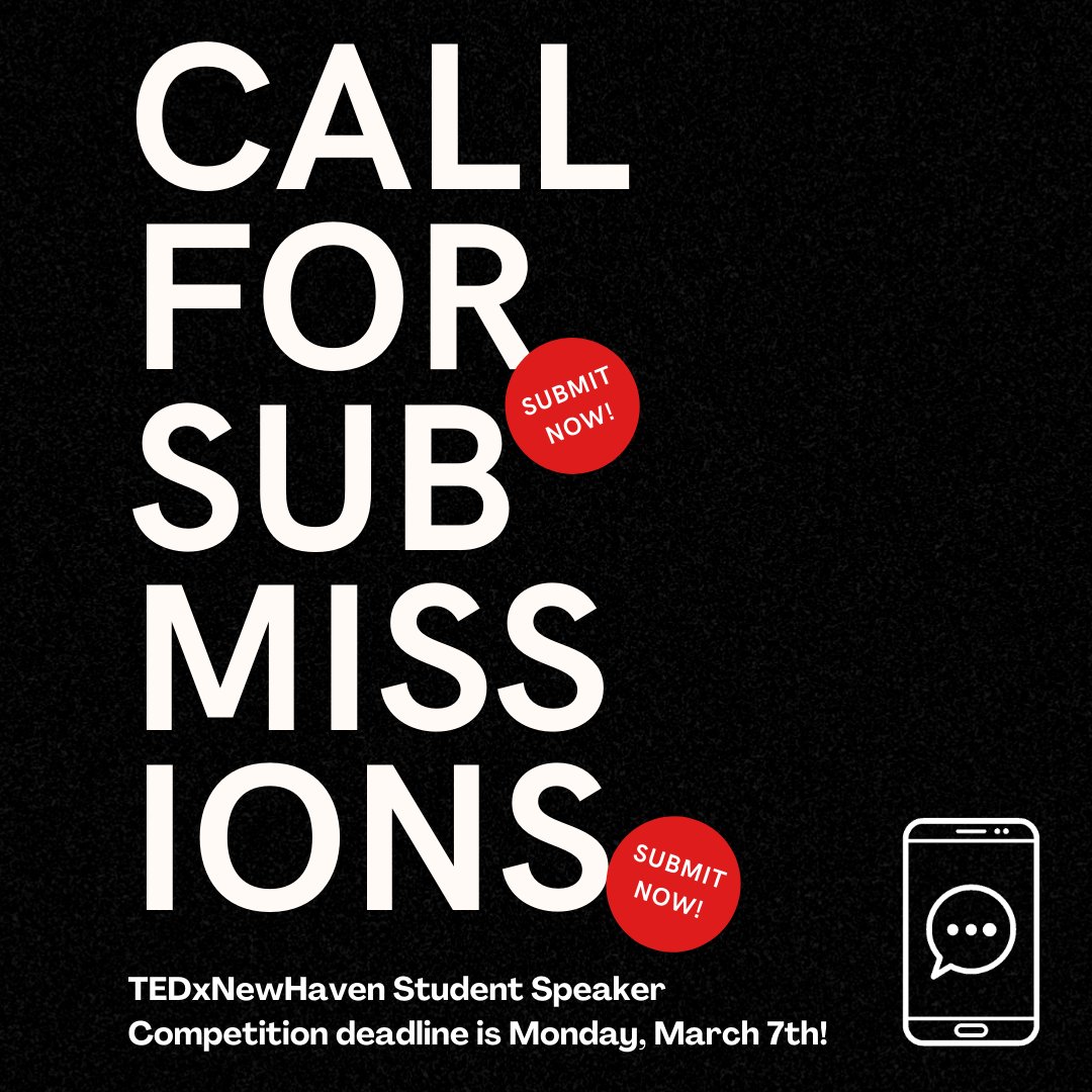 TEDxNewHavenCT's tweet photo. Our student speaker competitor deadline is only 2 DAYS AWAY! 

Don't forget to submit your idea for a chance to speak at #TEDxNewHaven. 

Application link: https://t.co/C2IAItL5AW
Deadline: March 7th, 2022 @ 11:59pm EST. https://t.co/5P1anekl7y
