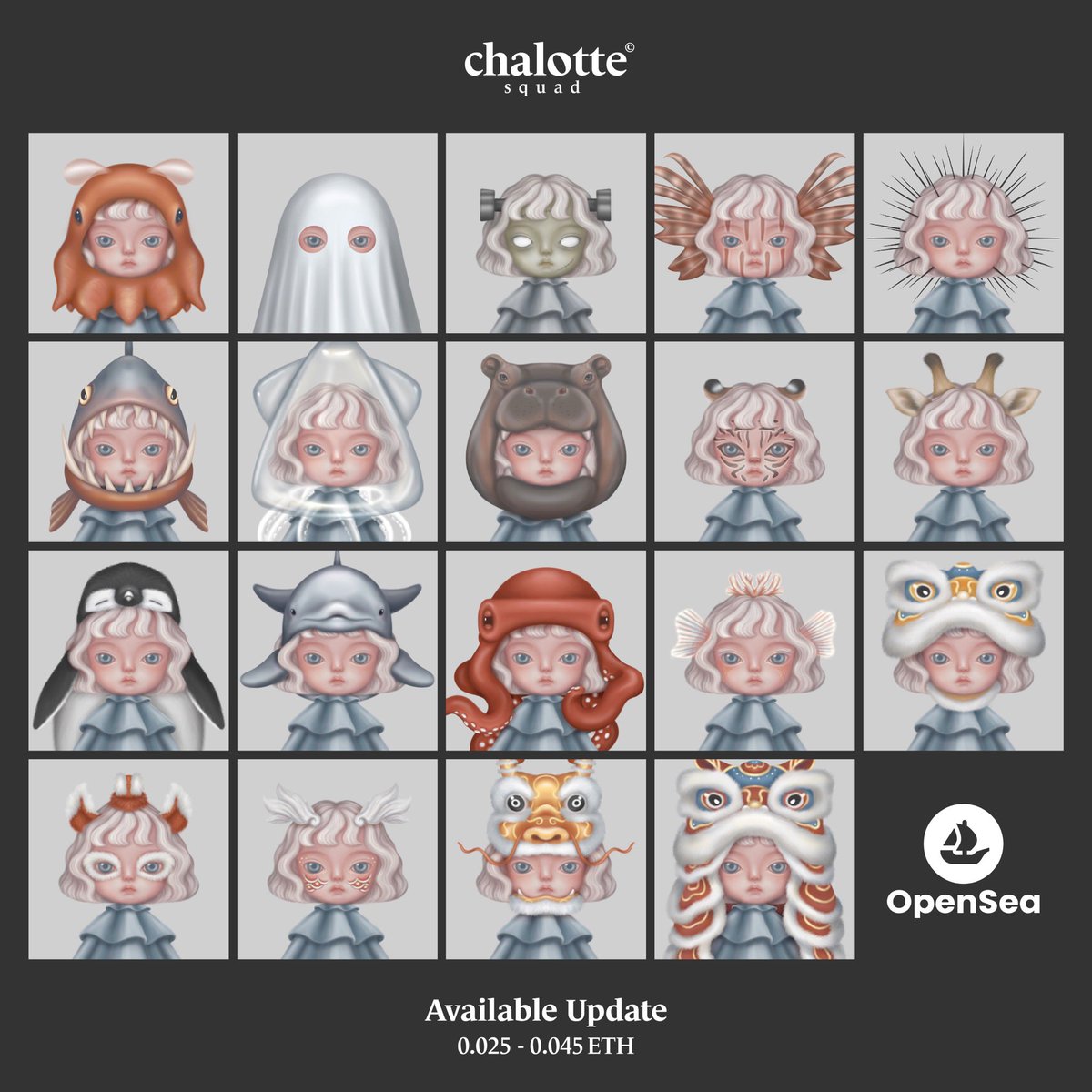 The gas price is low now so for those who are interested, here are the AVAILABLE PIECES 🌊👻👩🏻‍🦳🎊 #ChalotteSquad 

opensea.io/collection/cha…